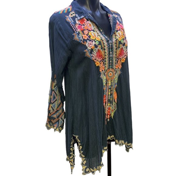 *Johnny Was Grey Silk Embroidered Blouse Small - Picture 2 of 5